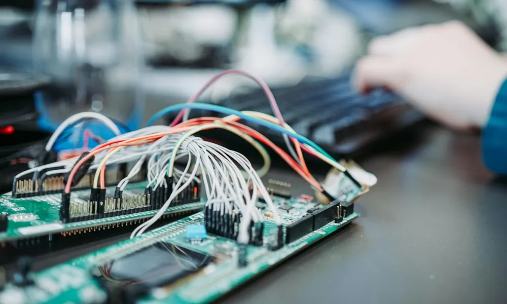 Technician wiring an electrical control assembly